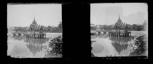 stereo glass slides; palace with water in foreground