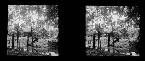 stereo glass slides; foot bridge with hut in distance