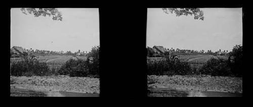 stereo glass slides; hut next to field