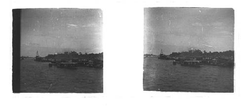 Stereo glass slides of Siam; riverfront scene