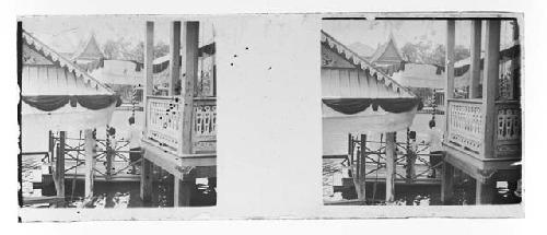 stereo glass slides of Siam; view of houses on river