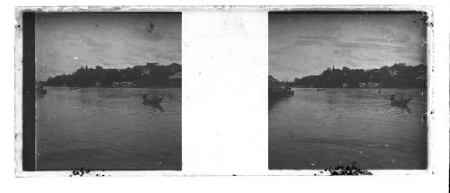 Stereo glass views of Siam; river view, boat in foreground