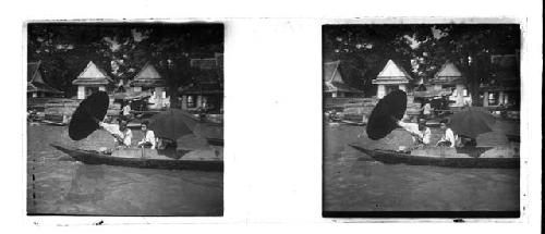 Stereo glass slides of Siam; couple boating on waterway