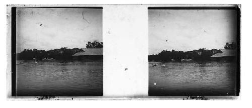 Stereo glass slides of Siam; waterway landscape