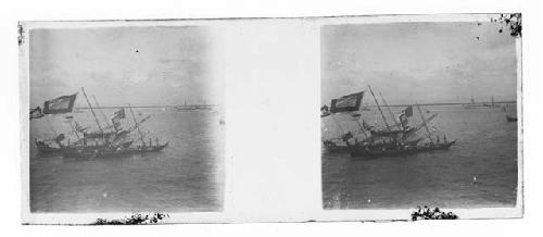 Stereo glass slides of Siam; boat on water