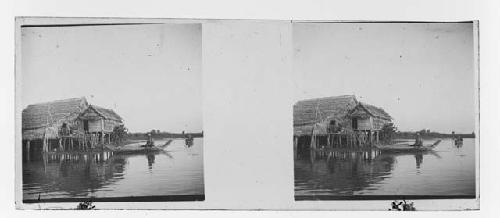 Stereo glass slides of Siam; house on stilts at waterfront