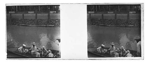 Stereo glass slides of Siam; passengers in small boat near shoreline