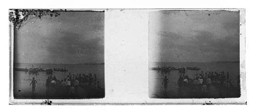 Stereo glass slides of Siam; people standing on shore next to river