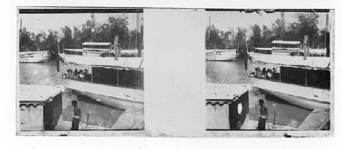 Stereo glass slides of Siam; boats with people at dock