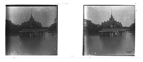 Stereo glass slides of Siam; shrine? on stilts in water