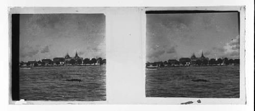 Stereo glass slides of Siam; village as seen from river