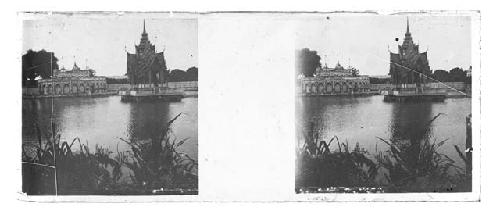 Stereo glass slides of Siam; shrine(?) on waterfront seen from river