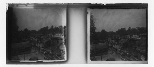 Stereo glass slides of Siam; boats gathered at dock