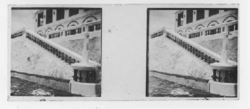 Stereo glass slides of Siam; building facade, staircase in foreground