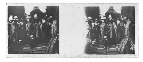 Stereo glass slides of Siam; group in formal attire, religious?