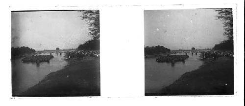 Stereo glass slides of Siam; elephants in river, people on shoreline