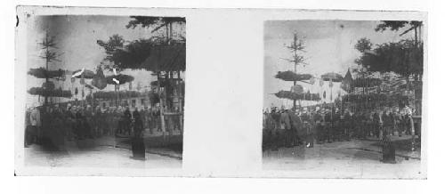 Stereo glass slides of Siam; soldiers marching in village