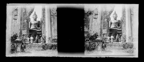 Stereo glass slides of Siam; shrine with Buddha figure in foreground