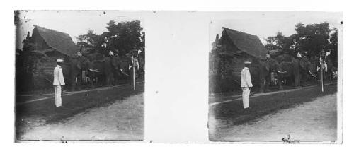 Stereo glass slides of Siam; elephants carrying people, man in foreground