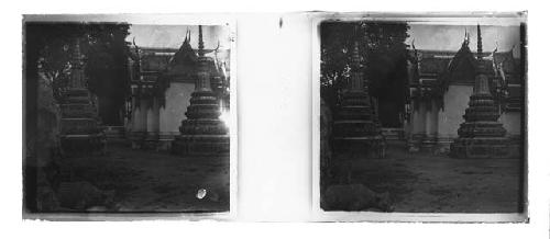 Stereo glass slides of Siam; temple structures, shrine in distance