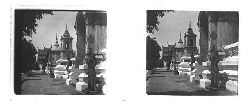 Stereo glass slides of Siam; shrine, statues in foreground