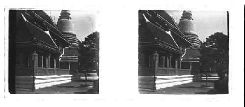 Stereo glass slides of Siam; shrine exterior