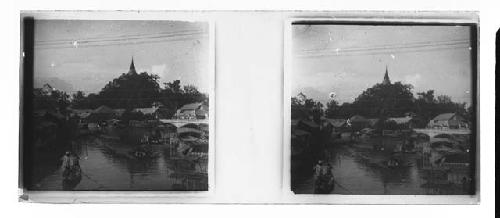 Stereo glass slides of Siam; boats near shore of town