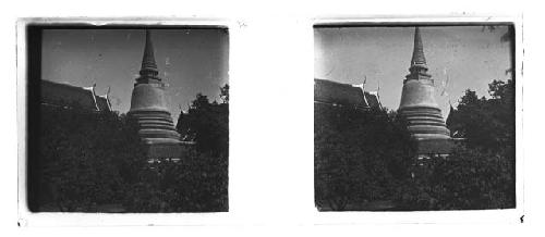 Stereo glass slides of Siam; shrine or temple structure exterior