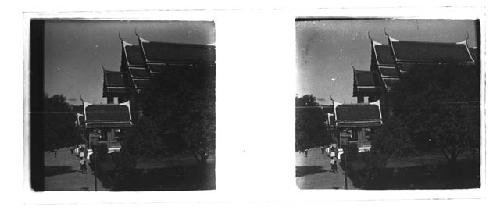 Stereo glass slides of Siam; residential structure exterior