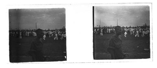 Stereo glass slides of Siam; monk walking outdoors