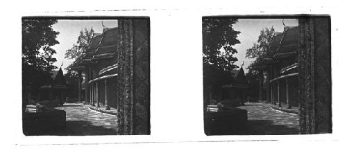 Stereo glass slides of Siam; exterior  walkway, shrine/temple