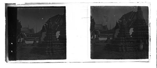 Stereo glass slides of Siam; temple structures in village