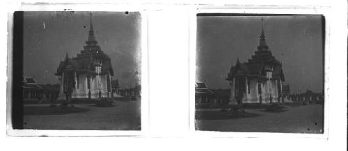 Stereo glass slides of Siam; shrine/temple structure exterior