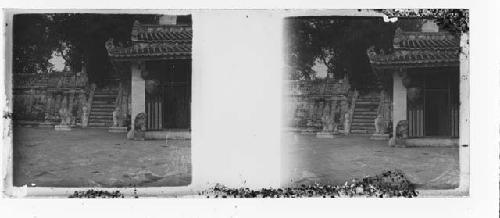 Stereo glass slides of Siam; exterior of building, stairway and wall