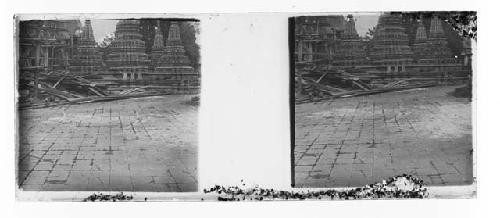 Stereo glass slides of Siam; sidewalk leading to shrine structures