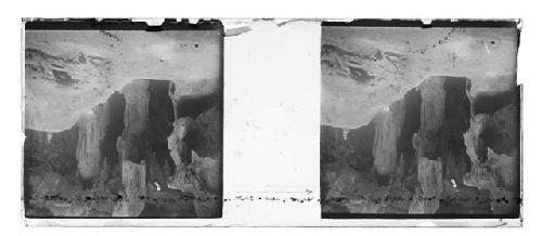 Stereo glass slides of Siam; rock formations, Buddha figure seated on left