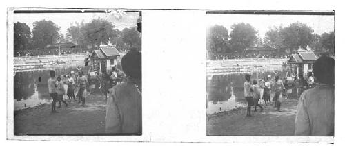 Stereo glass slides of Siam; village scene near shore of river?