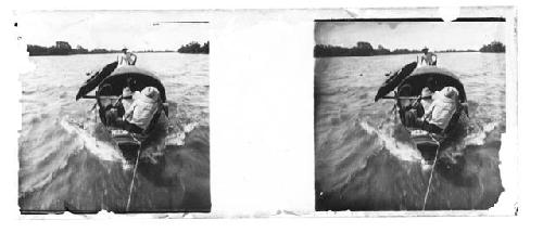 Stereo glass slides of Siam; boat scene on river