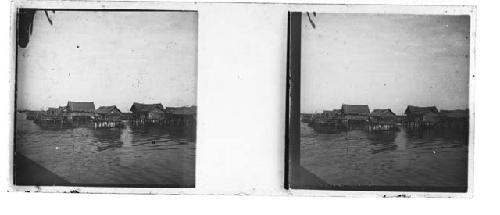 Stereo glass slides of Siam; houses on stilts in water