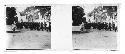 Stereo glass slides of Siam; soldiers marching in street, buildings background