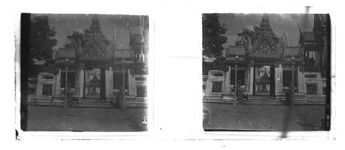 Stereo glass slides of Siam; shrine structure exterior