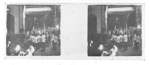 Stereo glass slides of Siam: military men standing outside entryway