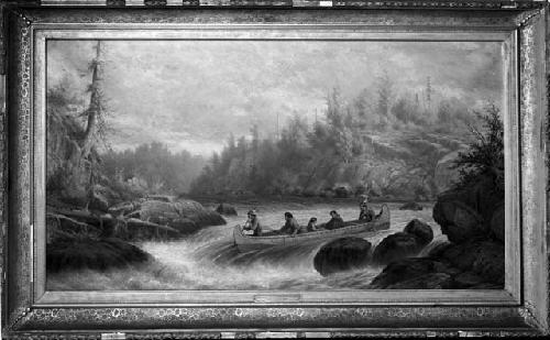 Photograph of oil painting, "Ojibwa indians shooting rapids near Lake Huron," 1875