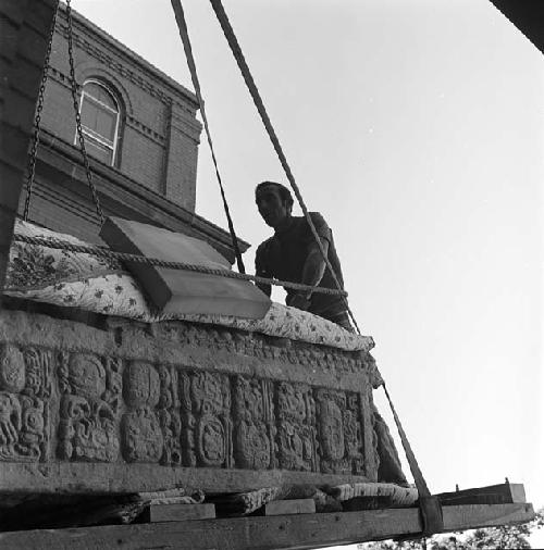 Removal of cast of Stela A from Peabody Museum