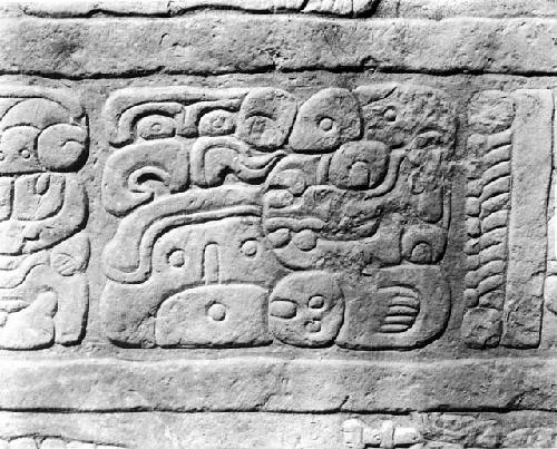 Reproduction from print of Stela 1, glyph 3 in band at feet of figure