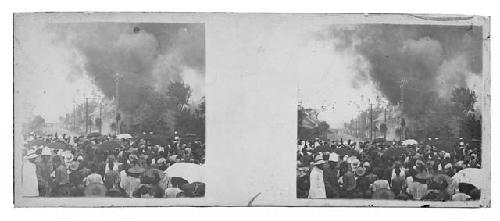 stereo glass slides; crowd watching smoke