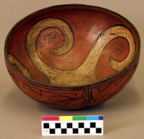 Large polychrome pottery bowl - black red and white; geometric design decoration