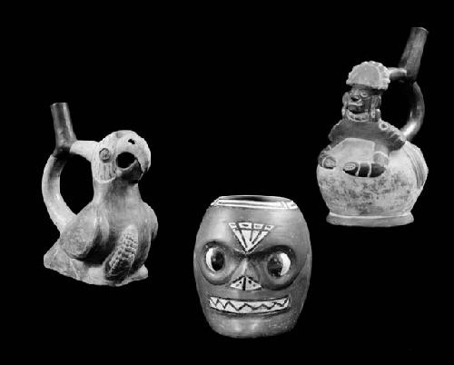 Water bottles in form of bird and human body, pot in form of man's head