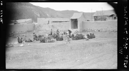 People load pack animals in a field