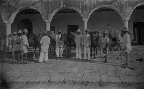 Men with horses, mules and donkeys in colonnaded courtyard